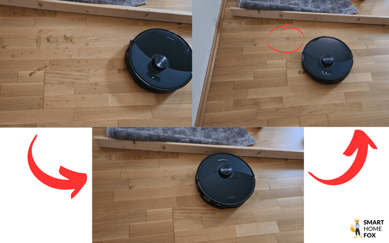 Das Testergebnis des Roborock S8 MaxV Ultra beim Extrem-Wischtest auf dem Laminatboden im Wohnzimmer ist zu sehen.